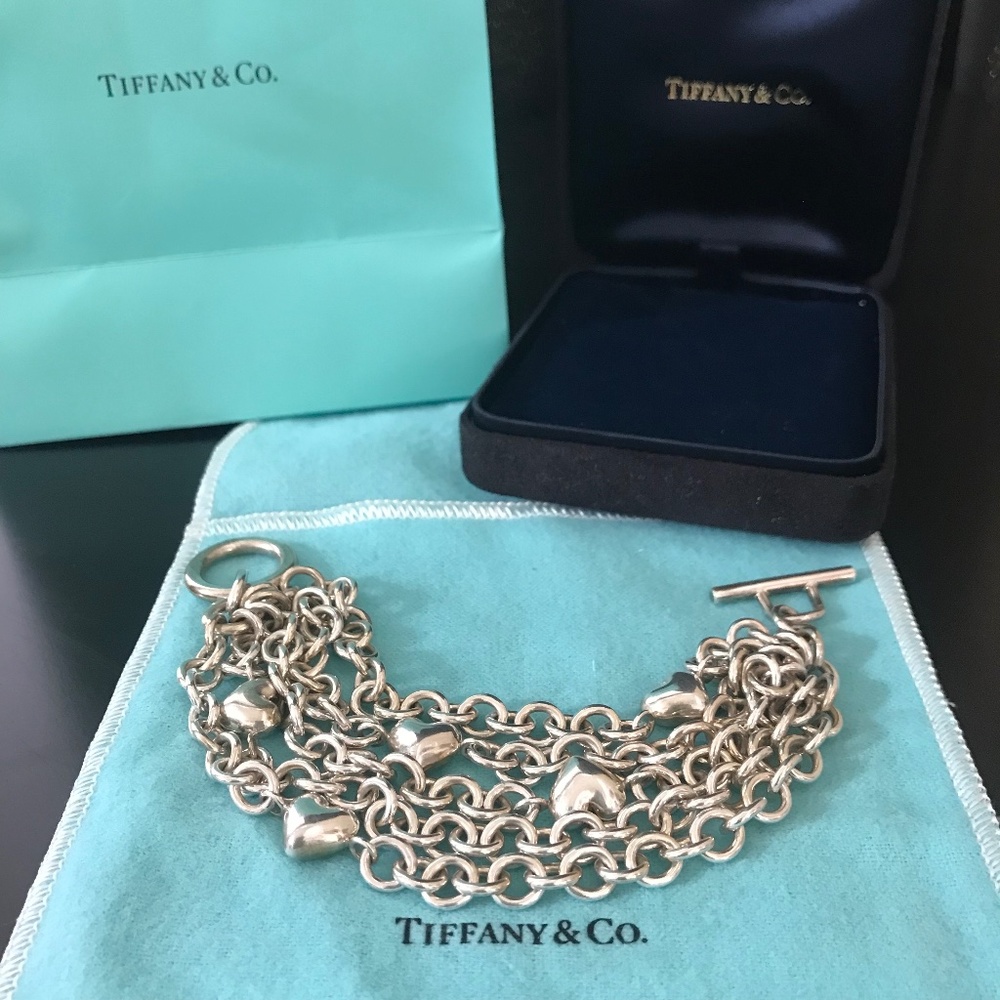 Tiffany & Co. Sterling Silver  Puffed Hearts Multi Chain Toggle Bracelet NWOT.
